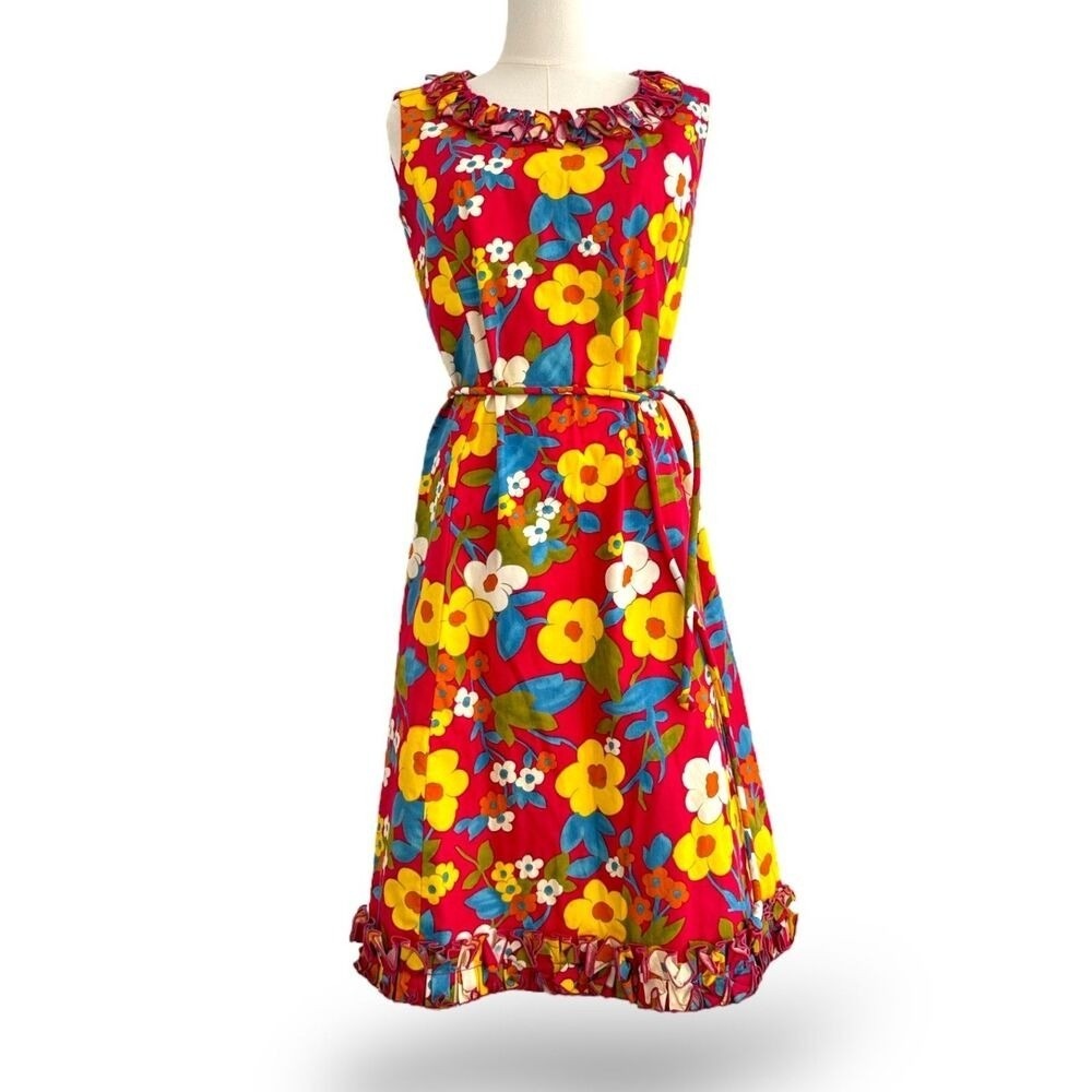 Vintage McMullen Sleeveless Floral Dress Ruffle Neck/Hem Hidden Backzip, Pockets